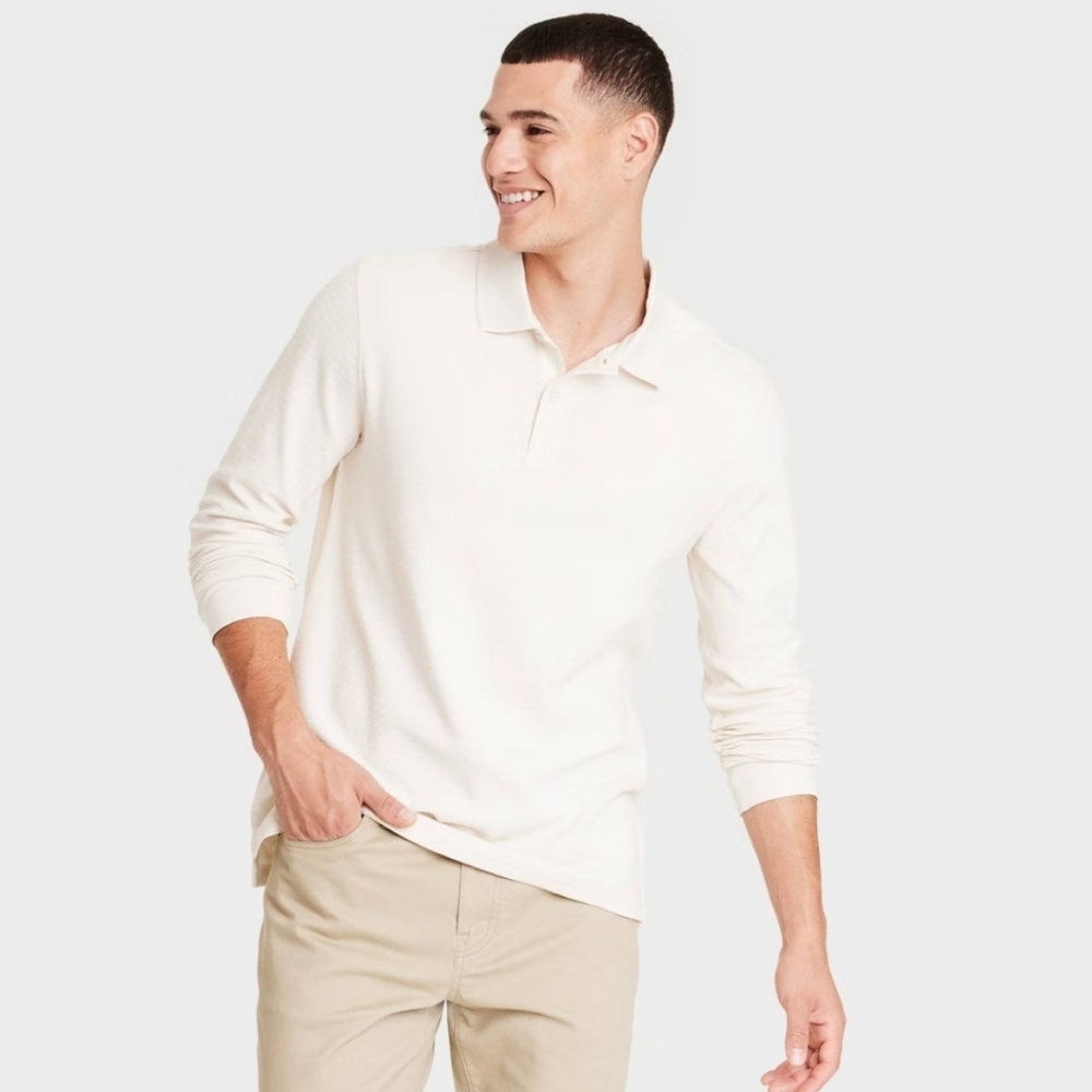 Men's Long Sleeve Polo Shirt - Goodfellow & Co Ivory XL